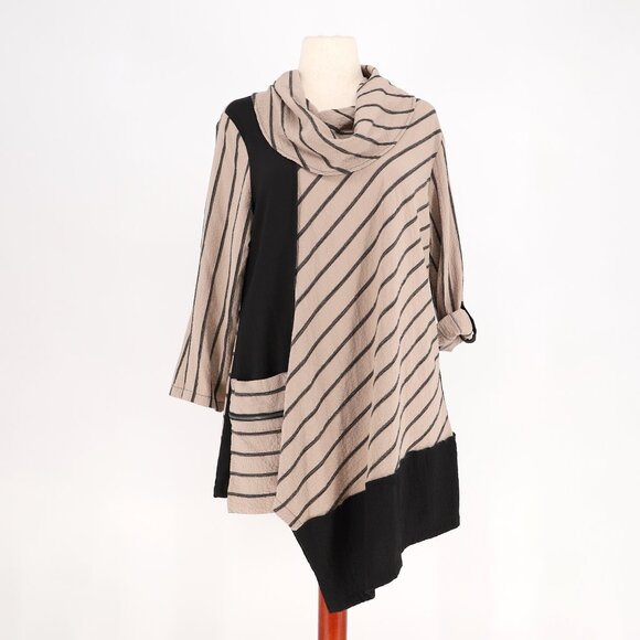 ALI MILES Asymmetrical Colorblock Cowl Neck Crinkle Tunic Taupe Black Size L - Picture 1 of 8